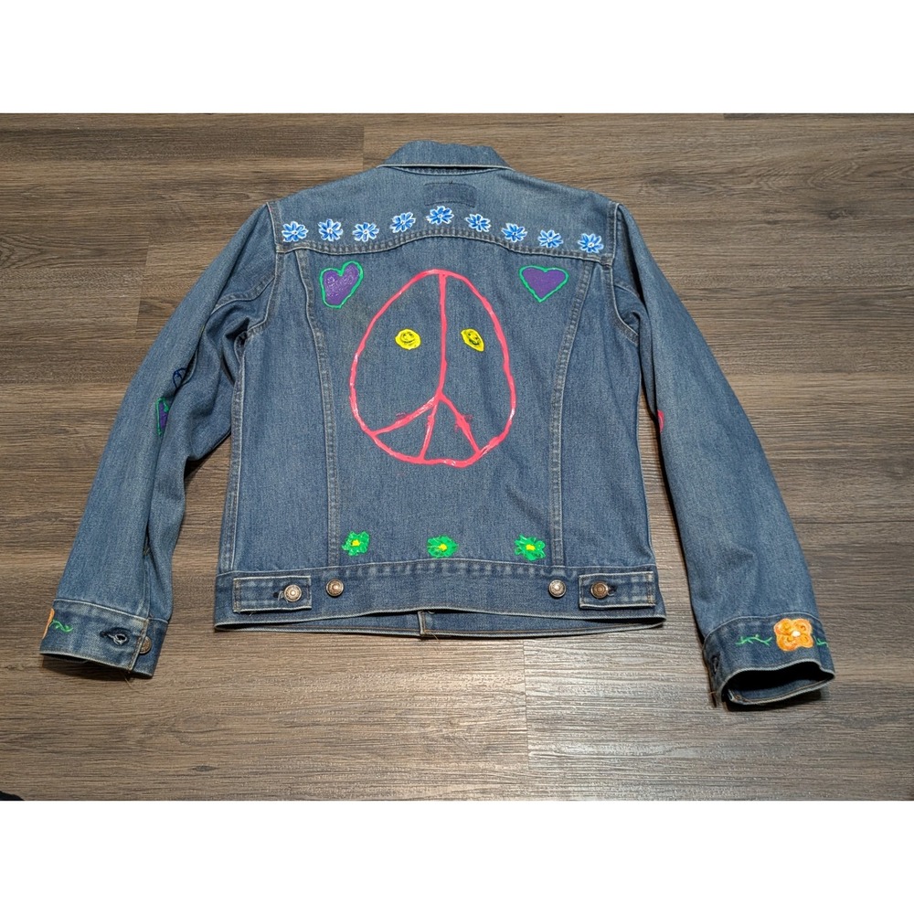 VTG 70704-0917‎ Levis Kids Denim Jacket Painted Peace Sign Flowers Size 18 USA